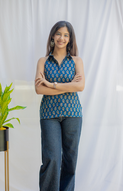 Ink Blue Color Ajrakh Print Halter Neck Collar Shirt