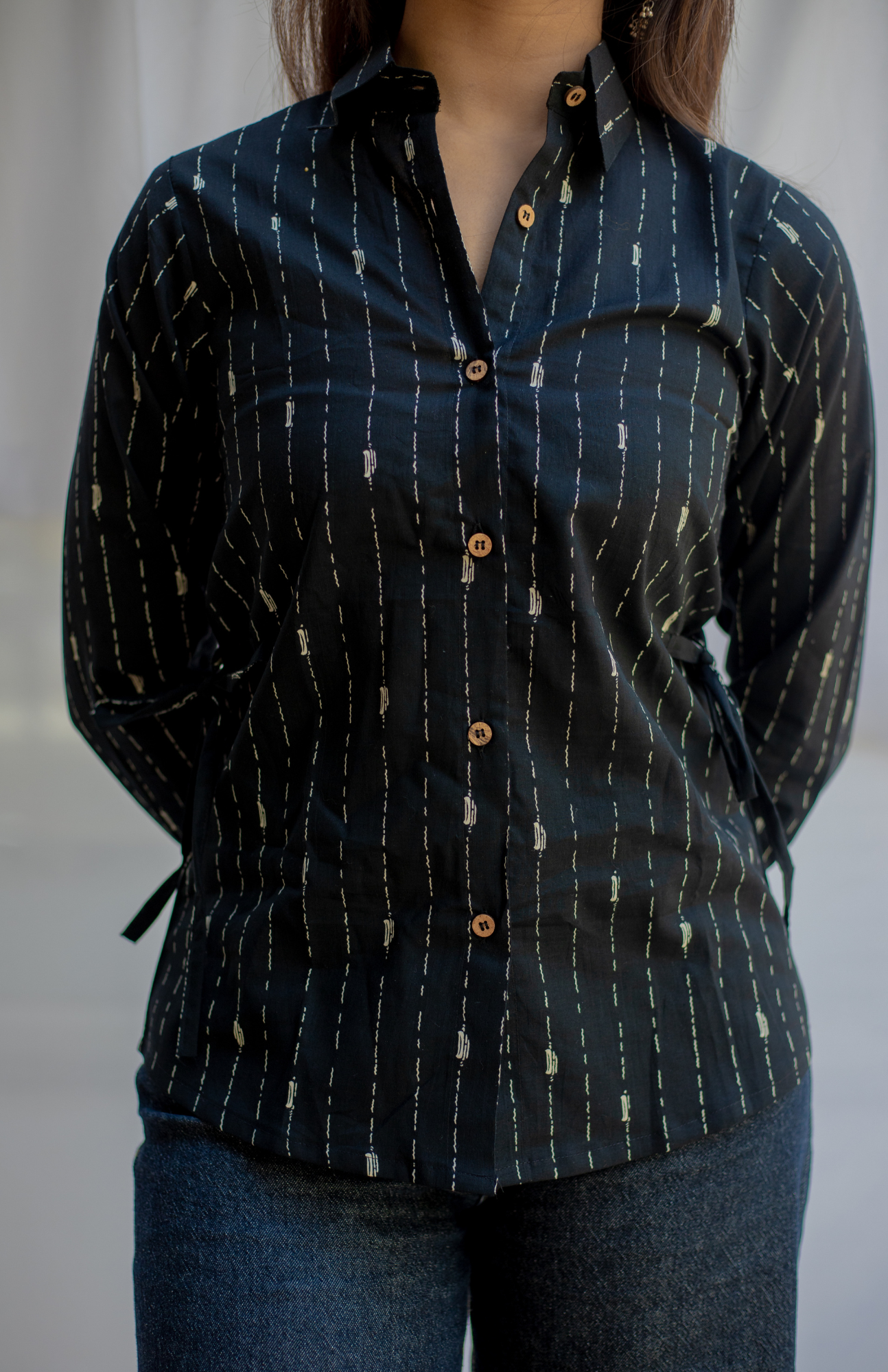 Black Full Sleeve Cotton Shirt with Adjustable Waist Tie