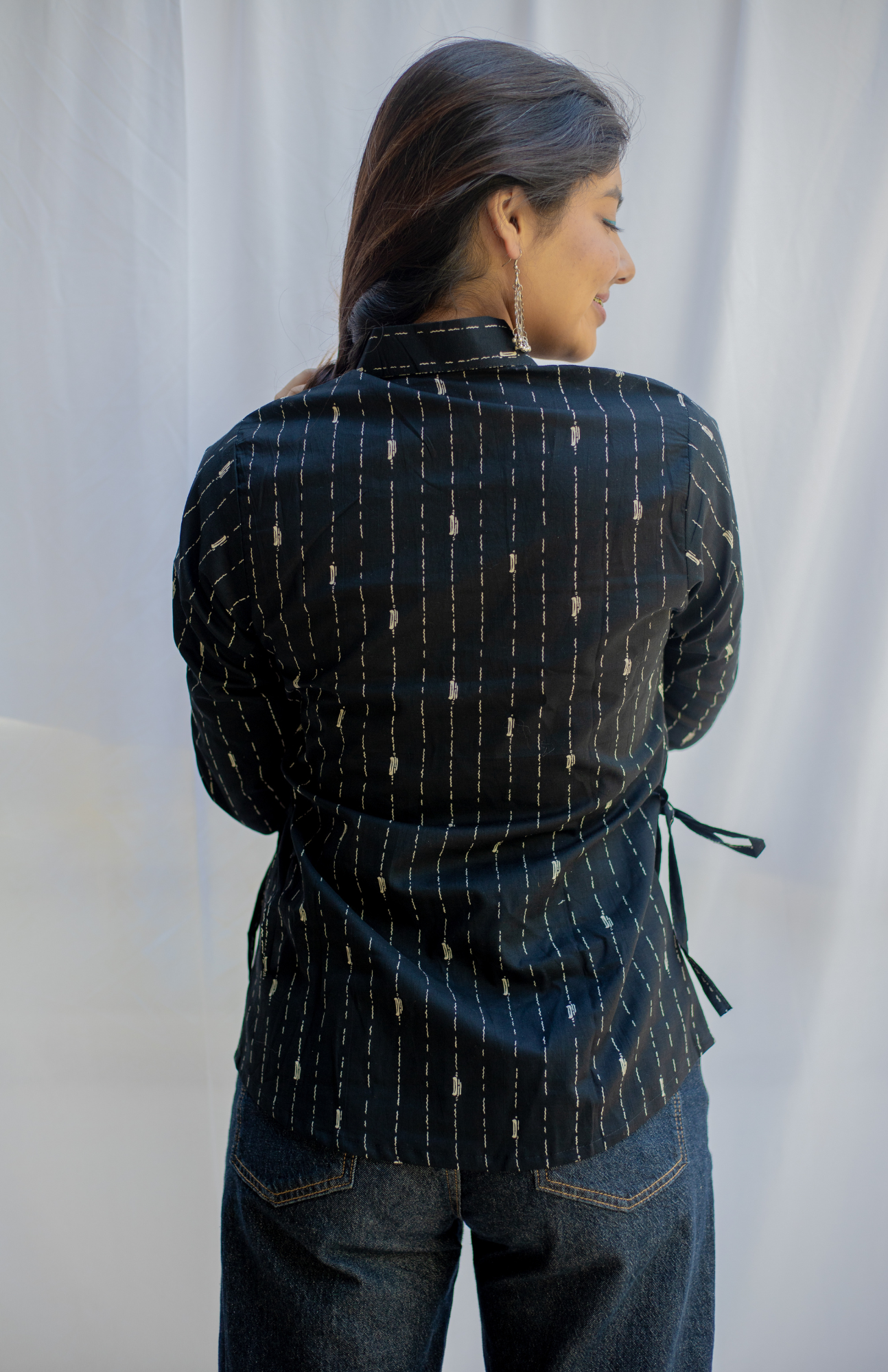 Black Full Sleeve Cotton Shirt with Adjustable Waist Tie