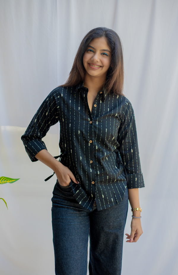 Black Cotton Office Wear Shirt for Women | Adjustable Waist Tie