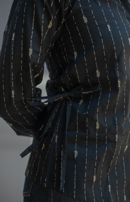 Black Full Sleeve Cotton Shirt with Adjustable Waist Tie