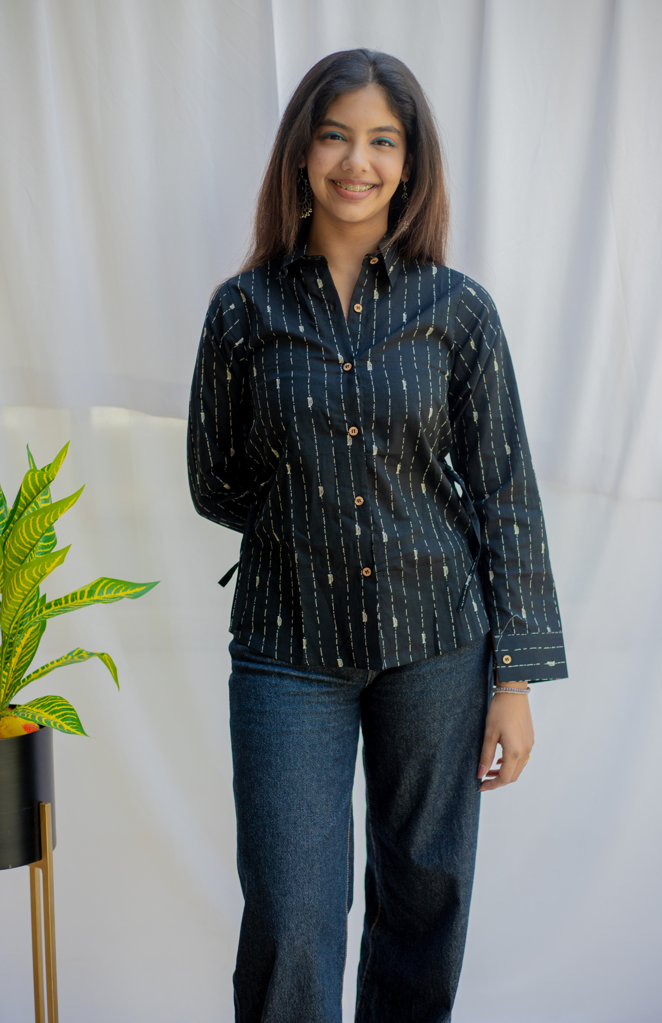 Black Full Sleeve Cotton Shirt with Adjustable Waist Tie