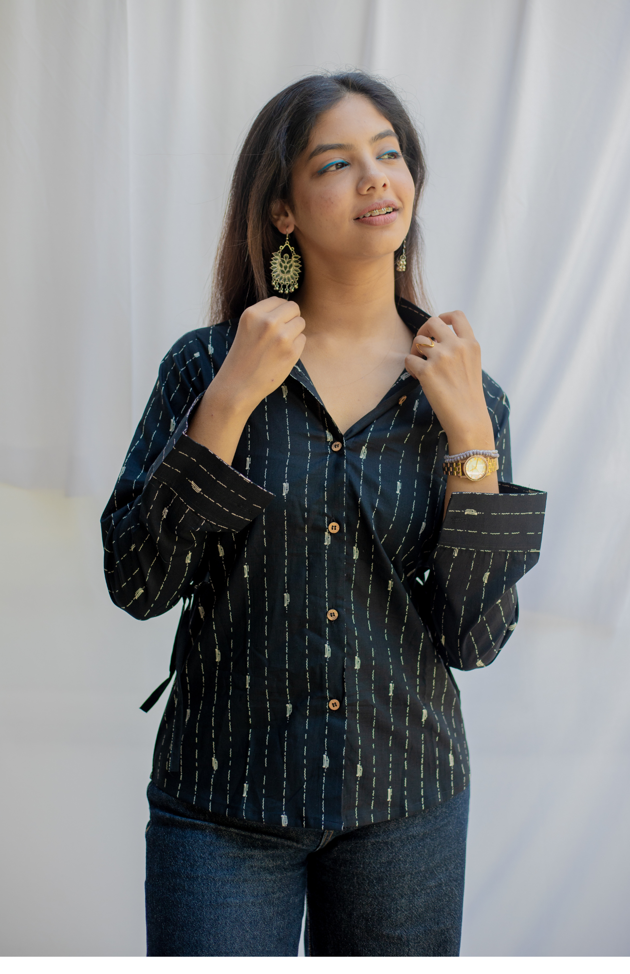 Black Full Sleeve Cotton Shirt with Adjustable Waist Tie