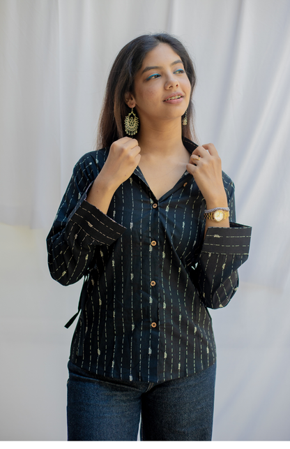 Black Full Sleeve Cotton Shirt with Adjustable Waist Tie