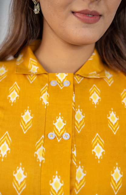 mustard ikat cotton shirt double button detail