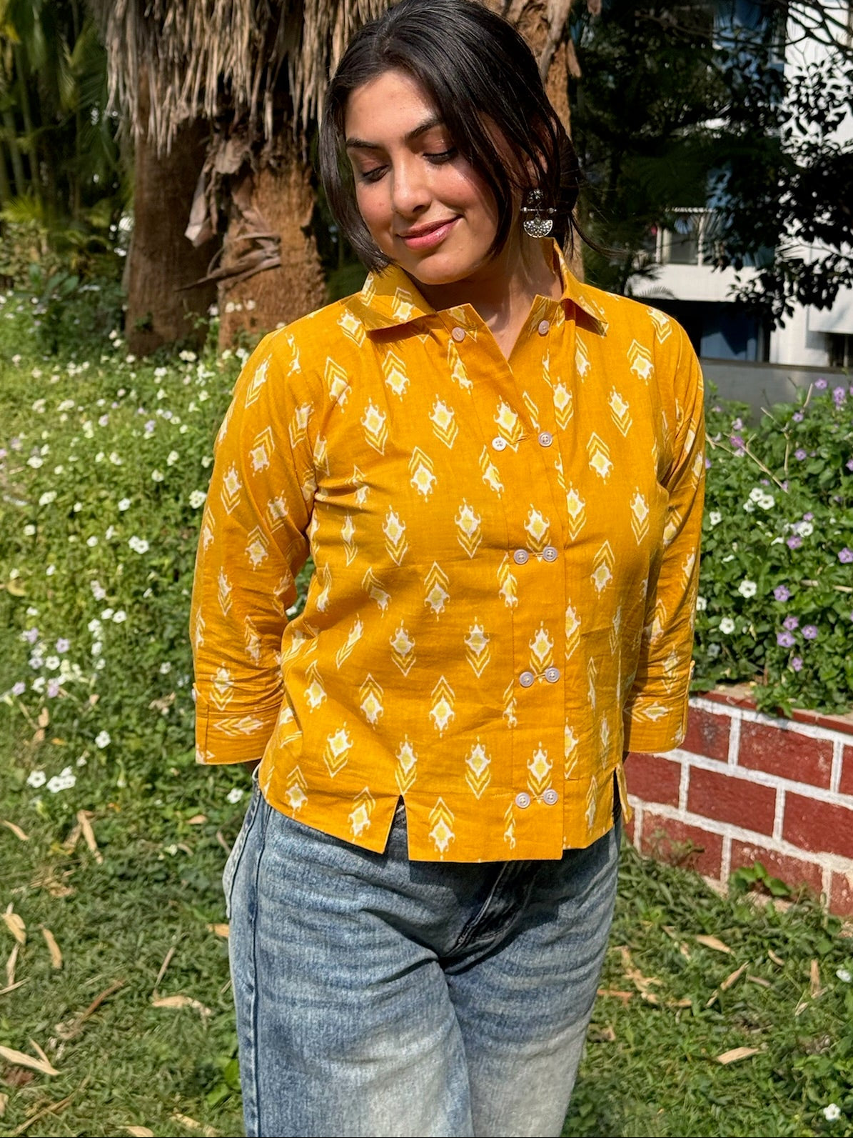 mustard ikat cotton shirt for women front view