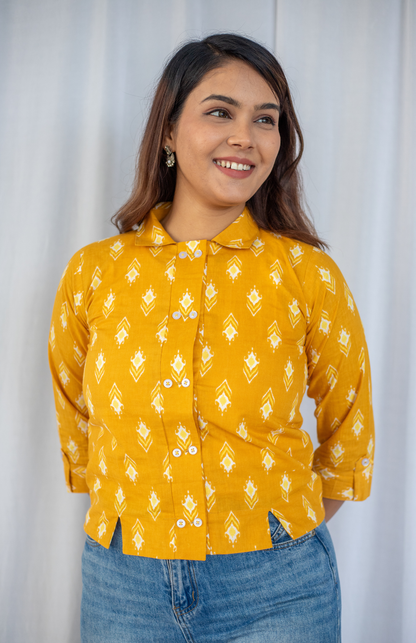 mustard ikat cotton shirt ikat print detail