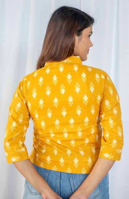 mustard ikat cotton shirt for women back view
