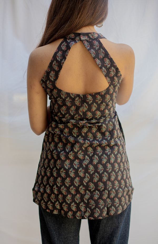 Black Ajrakh Print Halter Neck Short Kurti with Pocket