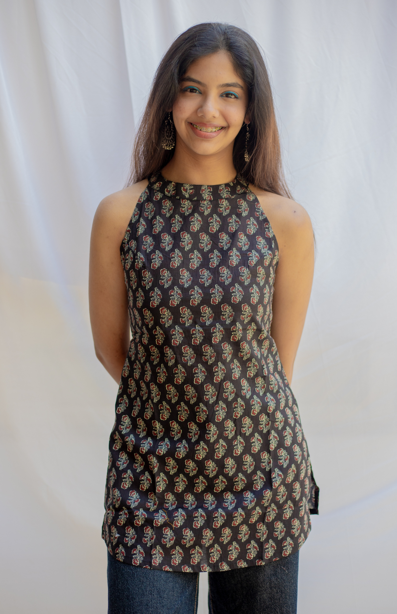 Black Ajrakh Print Halter Neck Short Kurti with Pocket