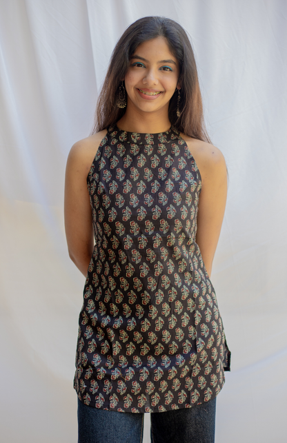 Black Ajrakh Print Halter Neck Short Kurti with Pocket