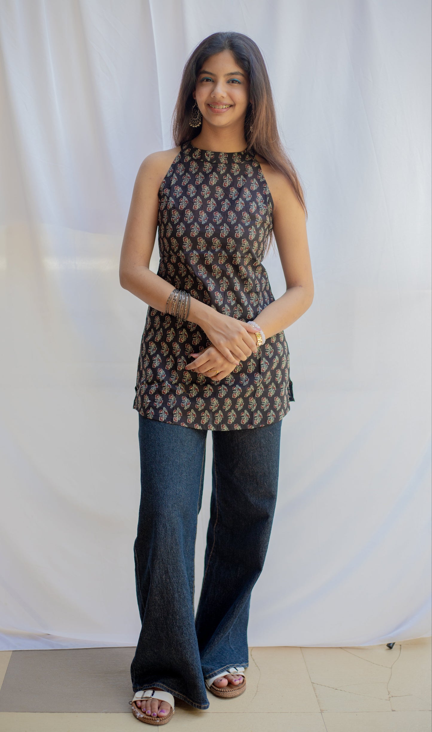 Black Ajrakh Print Halter Neck Short Kurti with Pocket