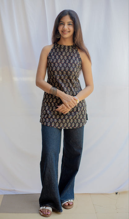 Black Ajrakh Print Halter Neck Short Kurti with Pocket