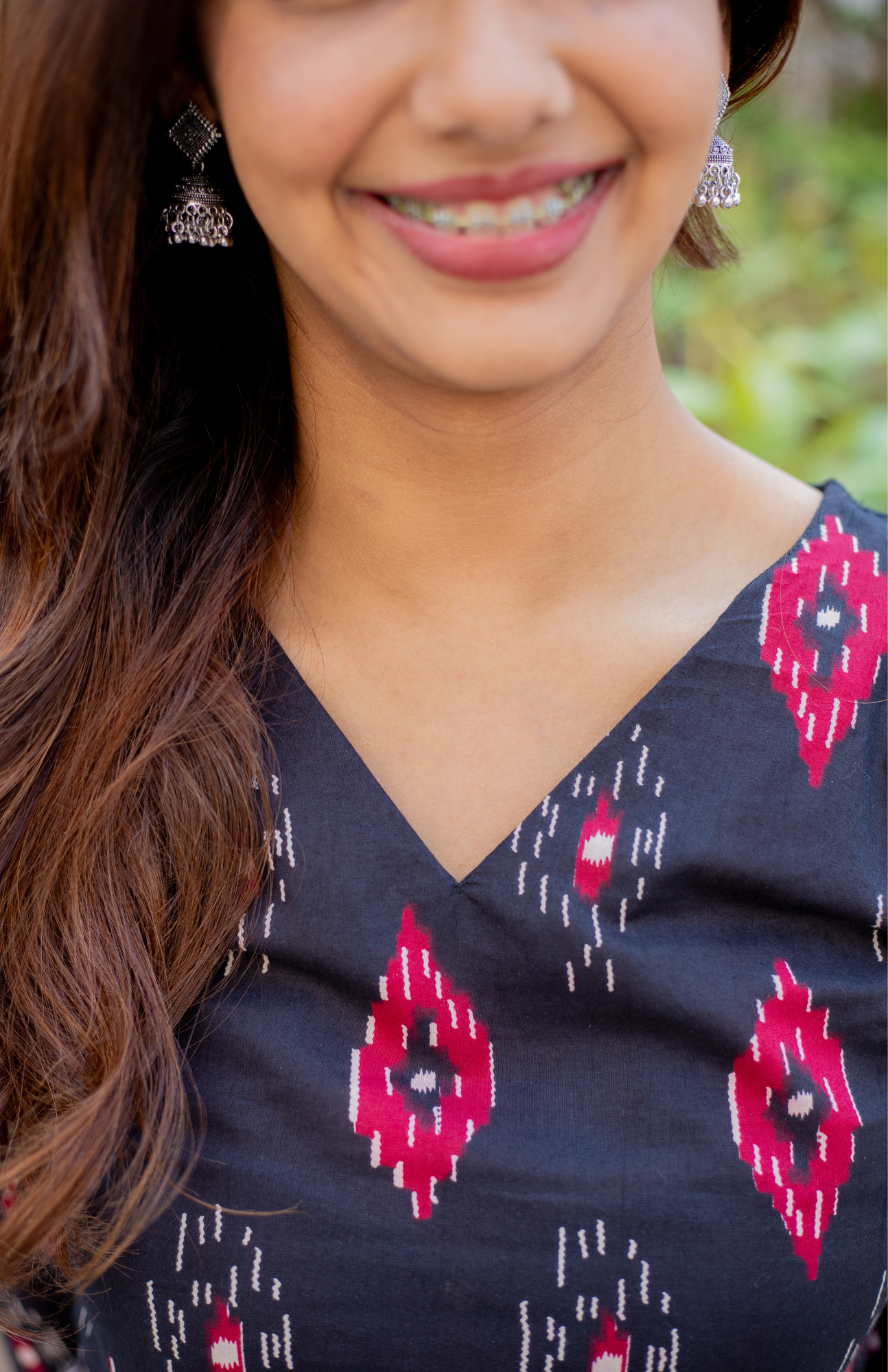 Black Ikkat Print V Neck Full Sleeves Short Kurti with Pocket