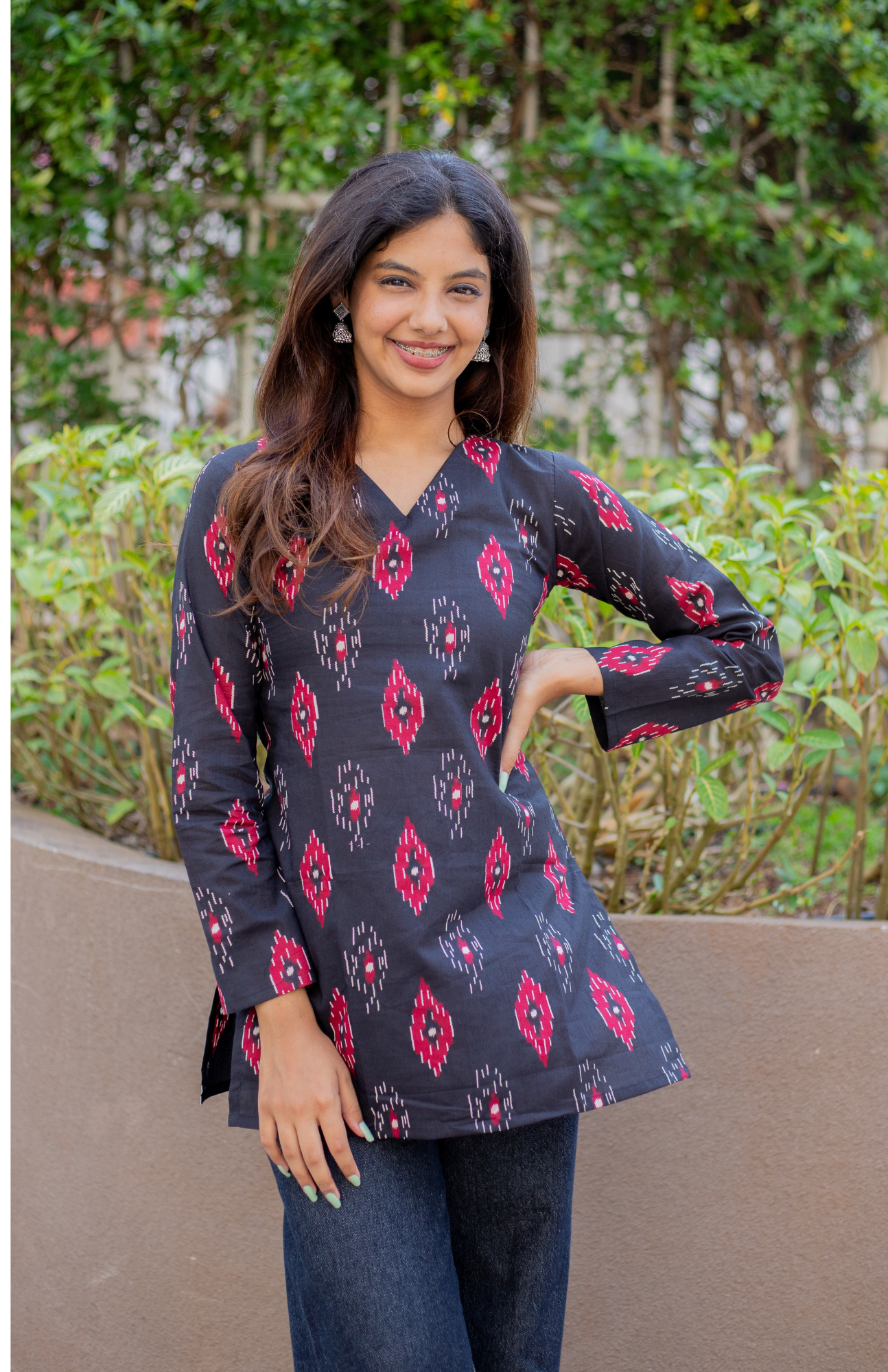 Black Ikkat Print V Neck Full Sleeves Short Kurti with Pocket