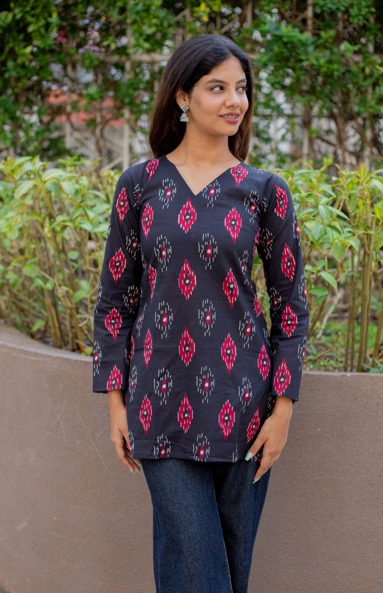 Black Ikkat Print V Neck Full Sleeves Short Kurti with Pocket
