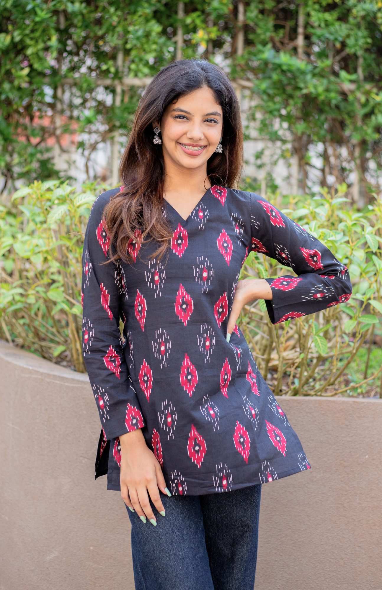 Black Ikkat Print V Neck Full Sleeves Short Kurti with Pocket