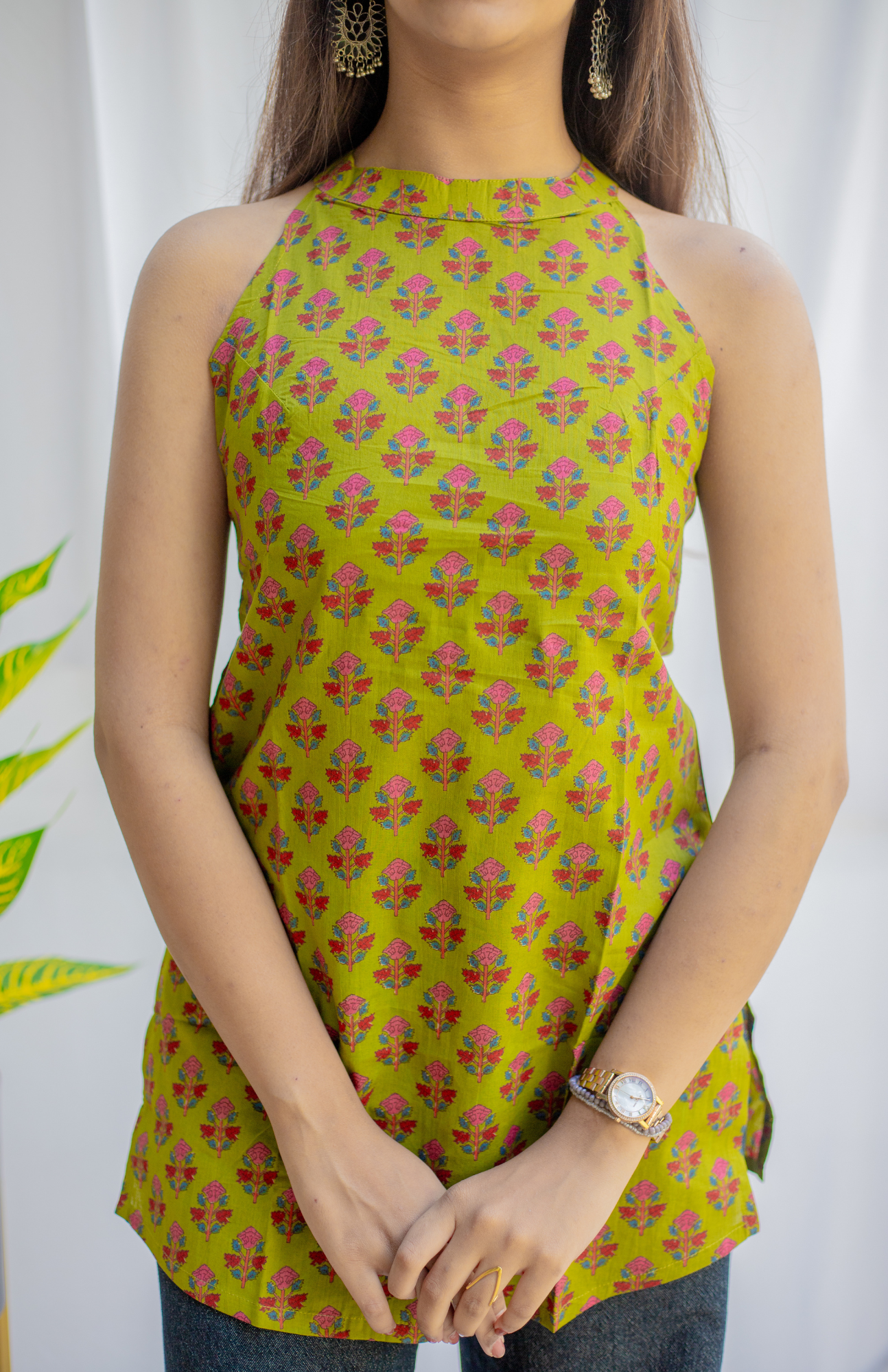 Light Mehendi Ajrakh Print Halter Neck Cotton Short Kurti With Stylish Back & Pocket