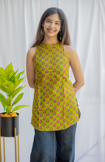 Light Mehendi Ajrakh Print Halter Neck Cotton Short Kurti With Stylish Back & Pocket