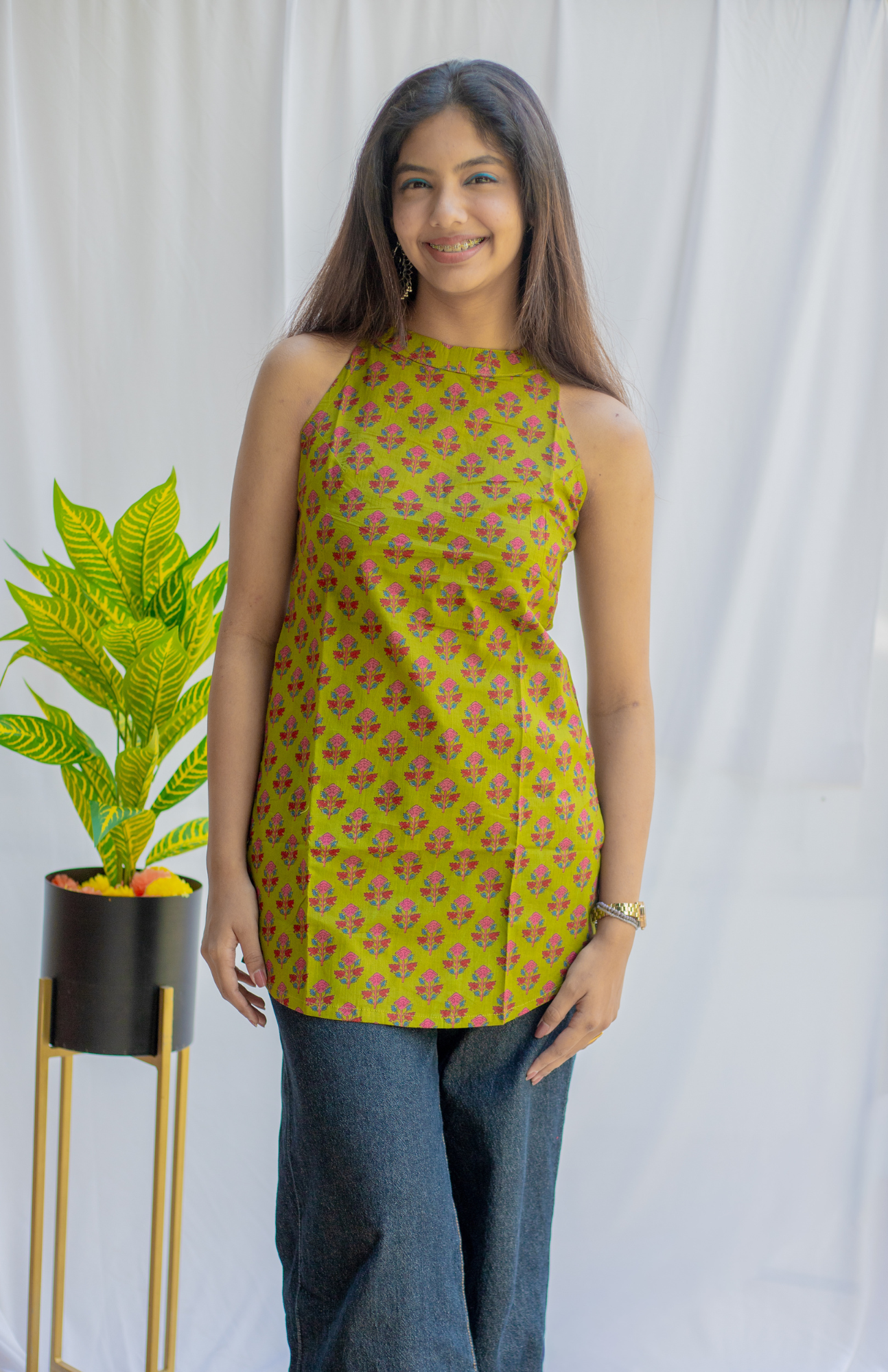 Light Mehendi Ajrakh Print Halter Neck Cotton Short Kurti With Stylish Back & Pocket