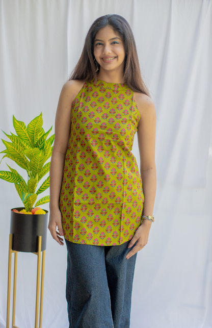 Light Mehendi Ajrakh Print Halter Neck Cotton Short Kurti With Stylish Back & Pocket