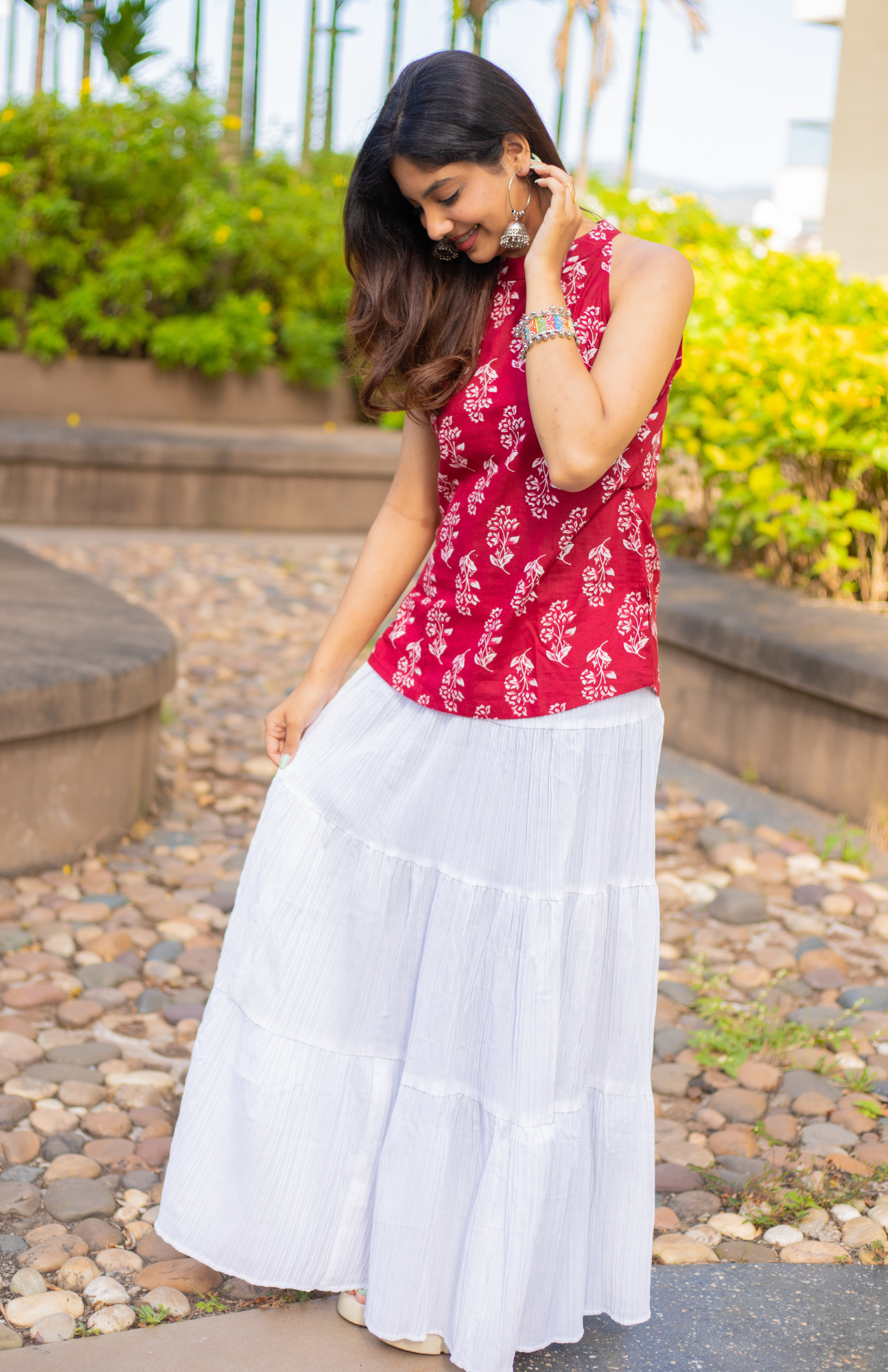 maroon halter neck cotton top with white skirt pairing