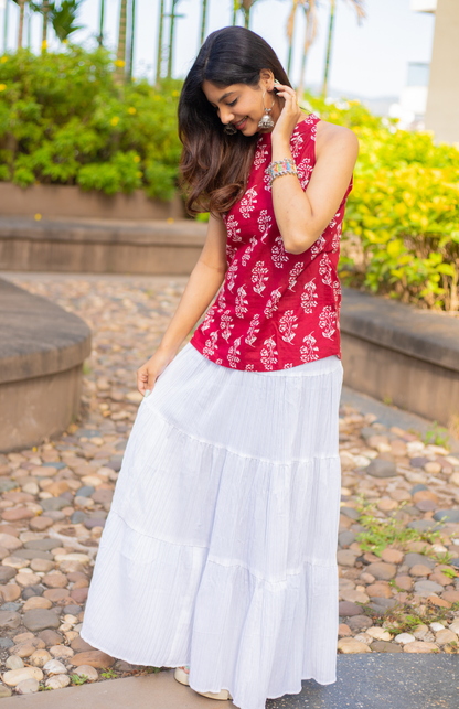 maroon halter neck cotton top with white skirt pairing