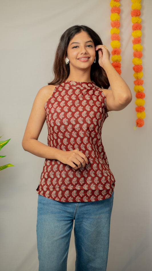 Brown Ajrakh Halter Neck Top