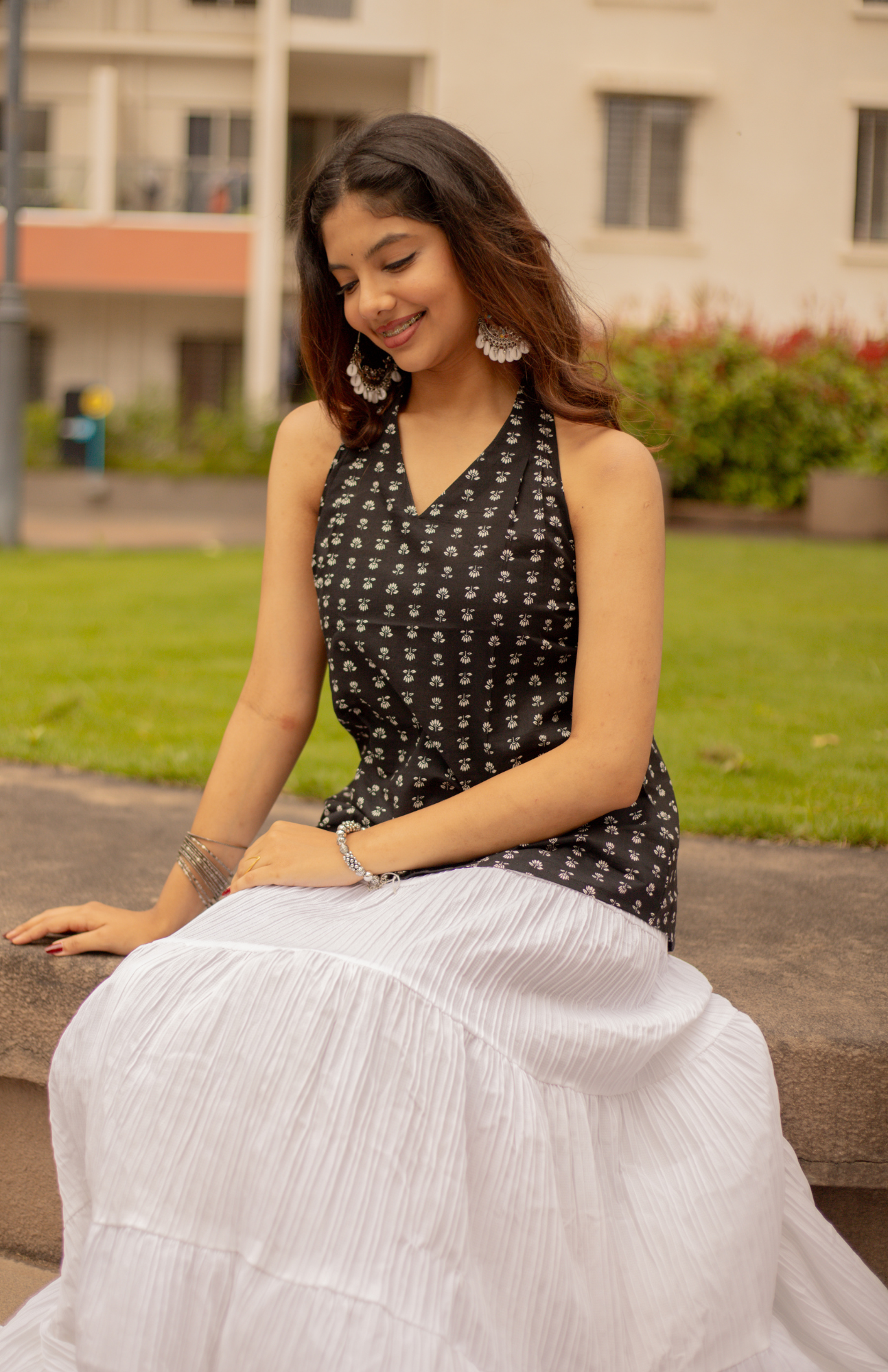 Lotus Jaipur Butti Print V Halter Neck Cotton Top 