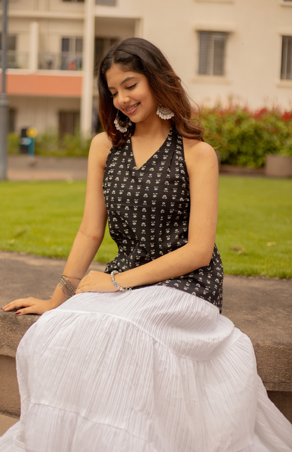 Lotus Jaipur Butti Print V Halter Neck Cotton Top 