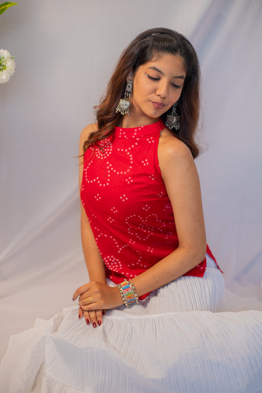 Sivasamgi Red Bandhani Halter Neck Cotton Top with white skirt 