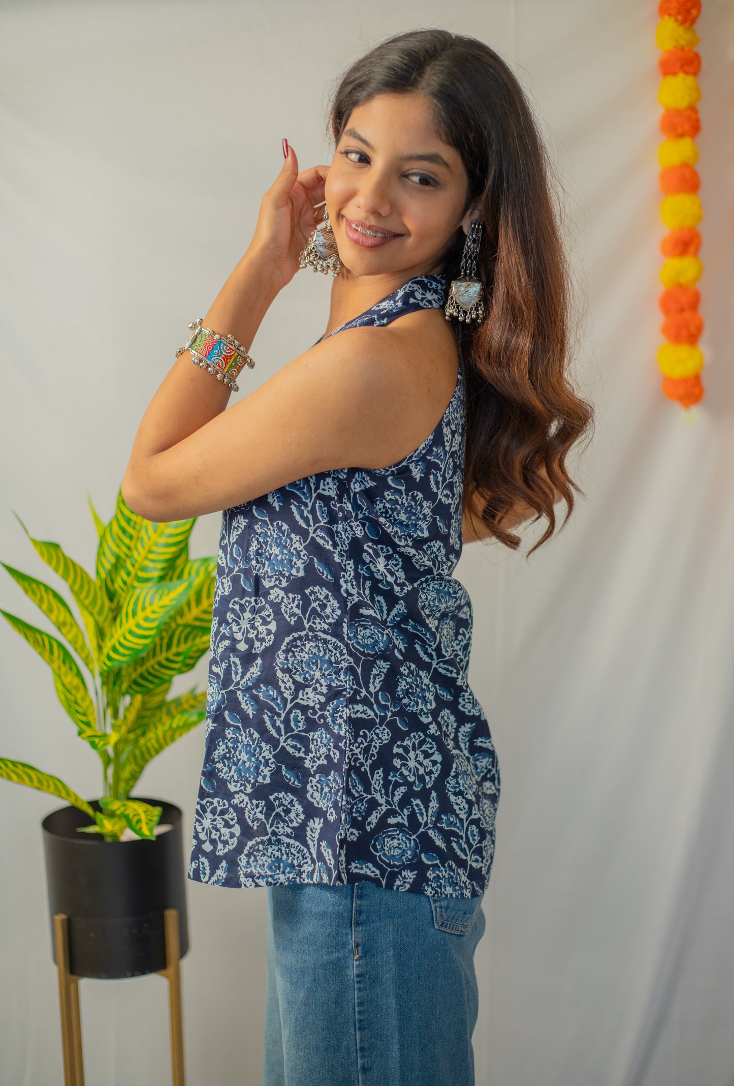 Blue Floral Print V Neck Cotton Top