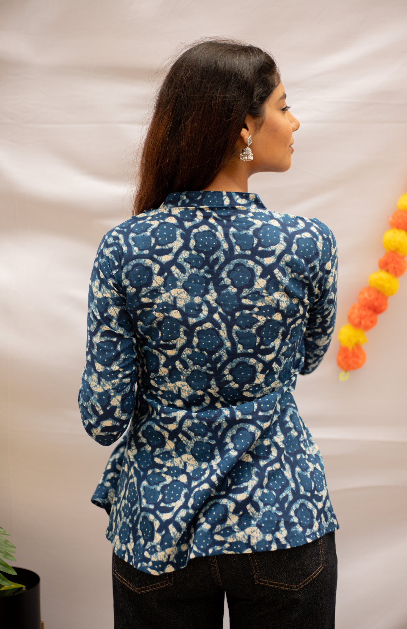 Blue Floral Print Full Sleeves Cotton Top