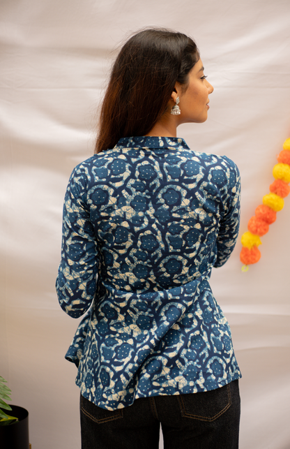 Blue Floral Print Full Sleeves Cotton Top
