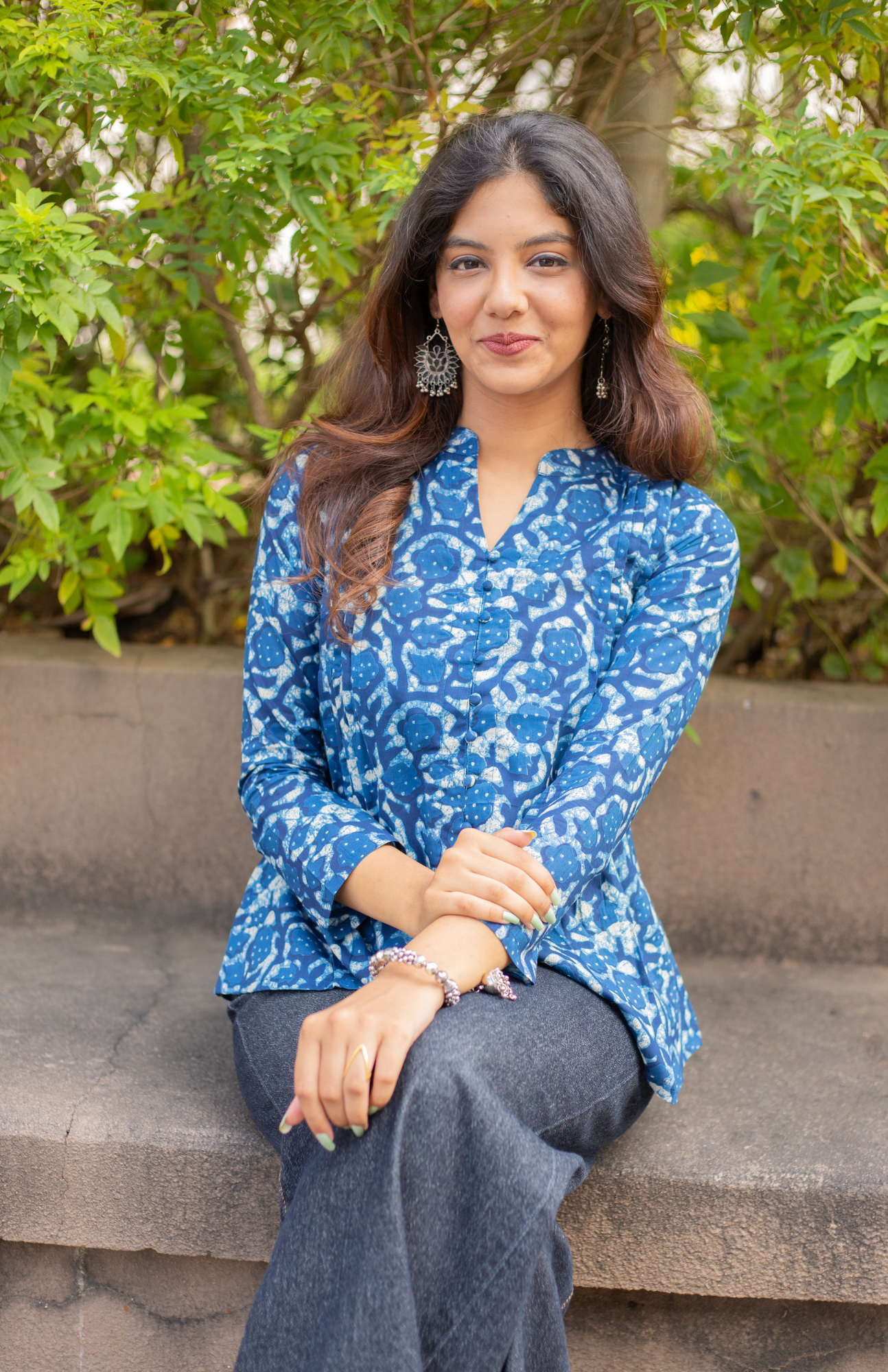 Blue Floral Print Full Sleeves Cotton Top