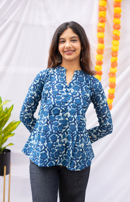 Blue Floral Print Full Sleeves Cotton Top