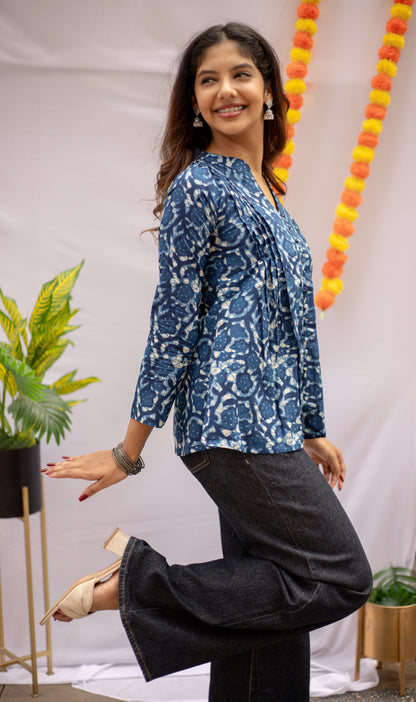 Blue Floral Print Full Sleeves Cotton Top