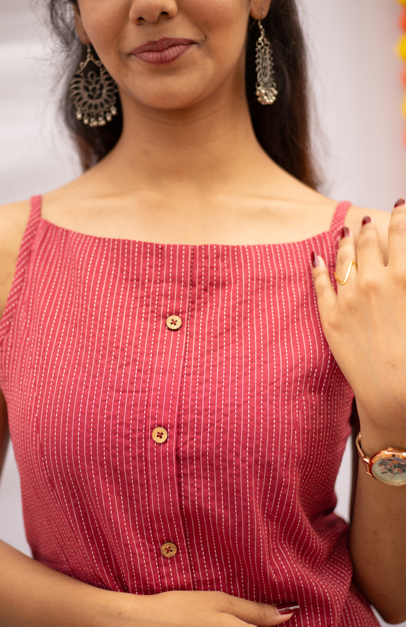 Maroon Kantha Work Noodles Strap Elegant Cotton Top