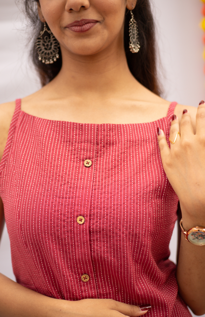 Maroon Kantha Work Noodles Strap Elegant Cotton Top
