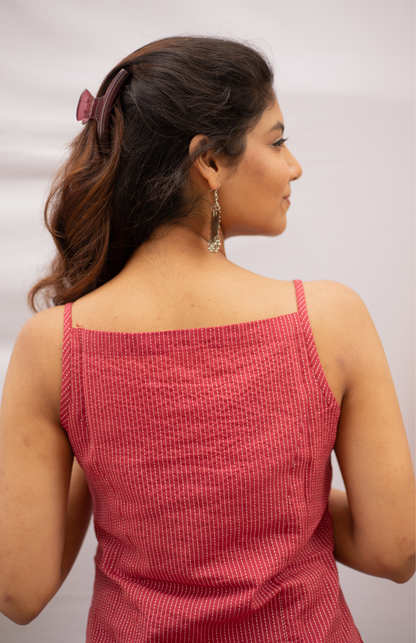 Maroon Kantha Work Noodles Strap Elegant Cotton Top