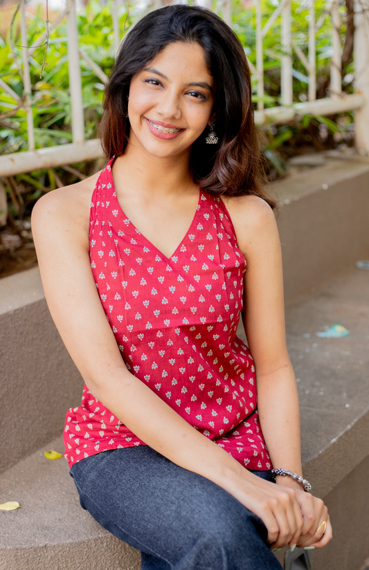 Maroon Print V Neck Halter Neck Cotton Top with Pleats