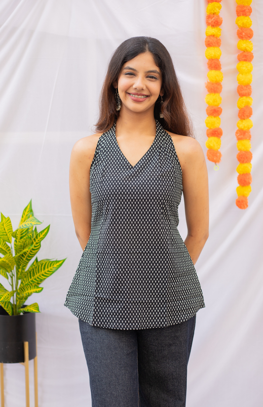 Black Print V Neck Halter Neck Cotton Top with Pleats