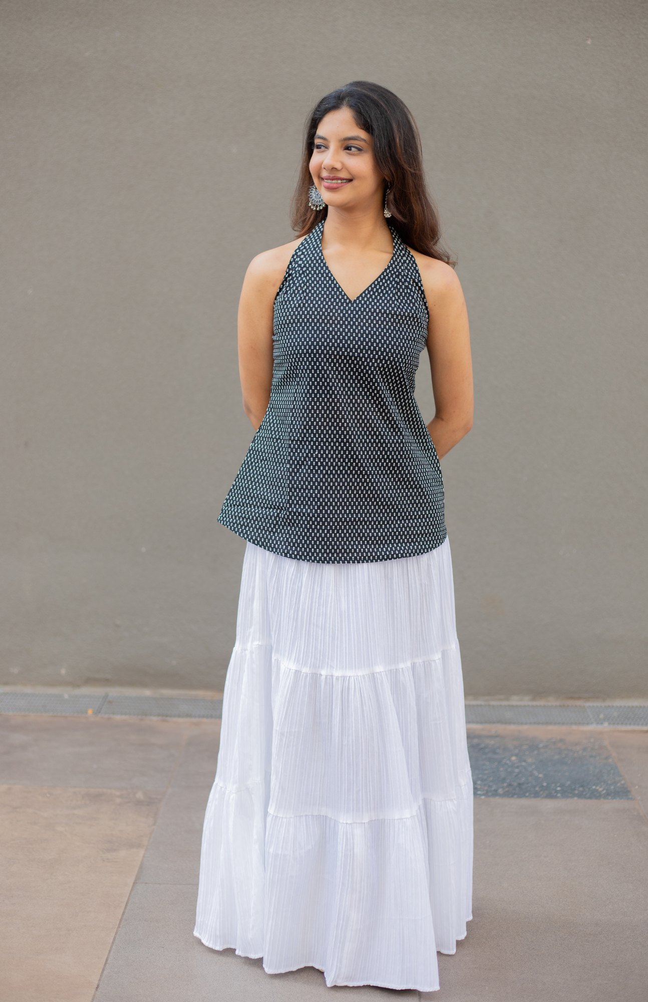 Black Print V Neck Halter Neck Cotton Top paired  with white skirt