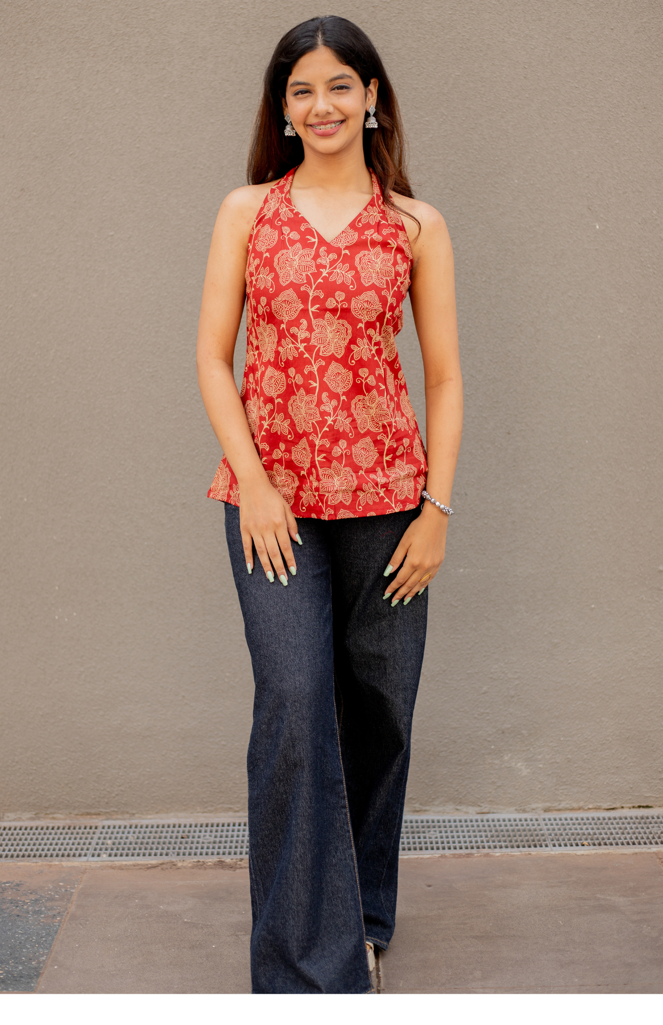 Rust Floral & Leaf Print V Neck Halter Neck Cotton Top with Pleats 