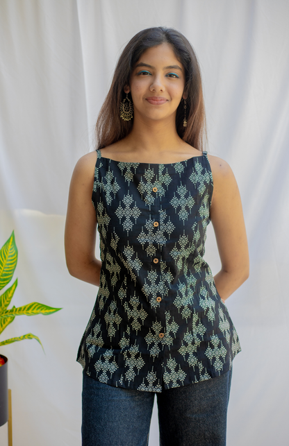 Black Geometric Spaghetti Strap Cotton Tank Top