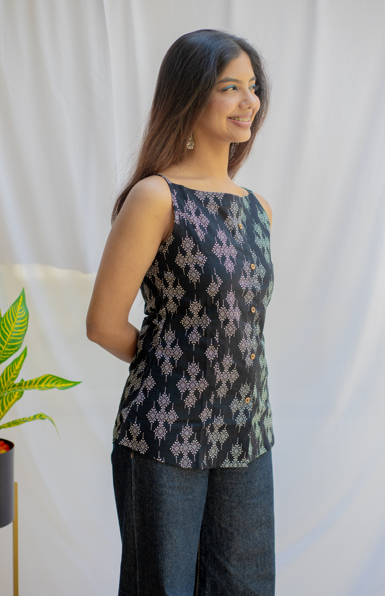 Black Geometric Spaghetti Strap Cotton Tank Top