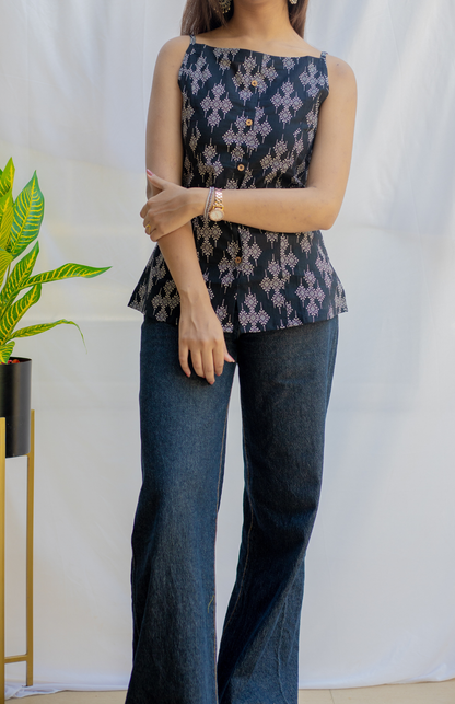 Black Geometric Spaghetti Strap Cotton Tank Top