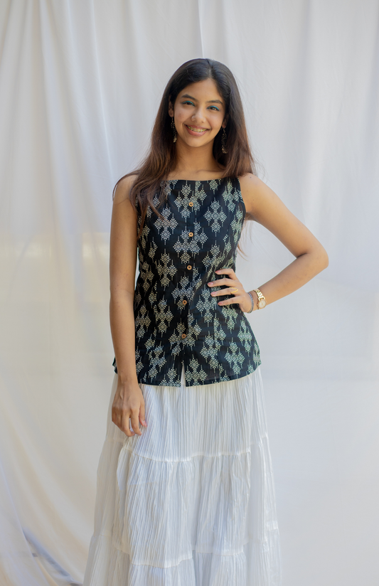 Black Geometric Spaghetti Strap Cotton Tank Top