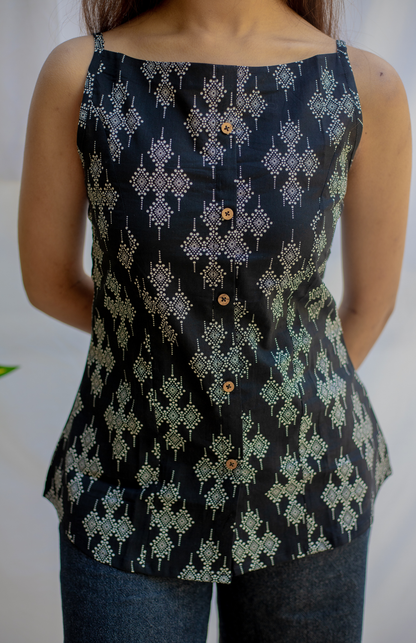 Black Geometric Spaghetti Strap Cotton Tank Top