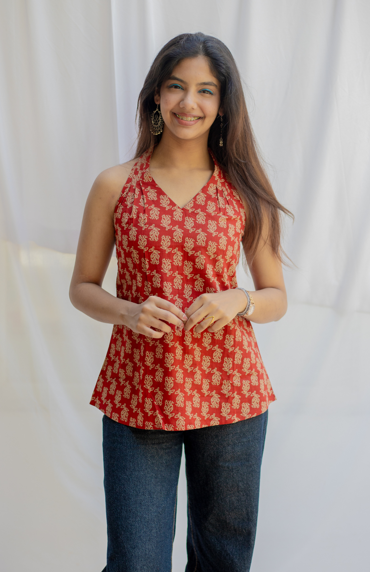 Rust V Neck Halter Neck Cotton Top with Shoulder Pleats